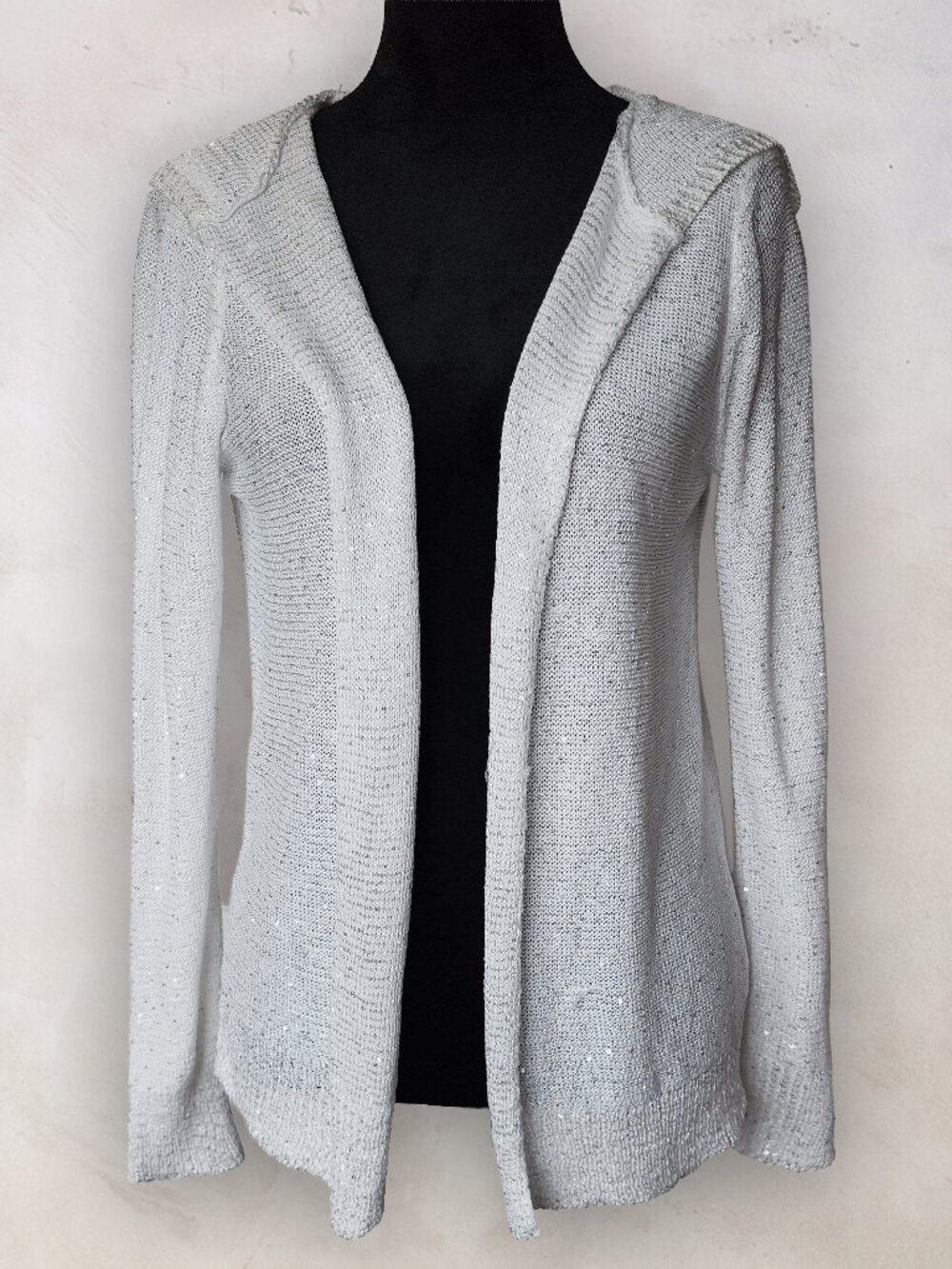 SIONI White Metallic Sparkle Sequin Hooded Open Front Cardigan Sweater Top